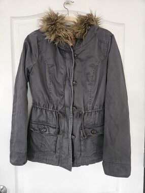 Hollister Utility Parka Jacket Vintage-style Y2K Hooded Fur Dark Grey Womens L